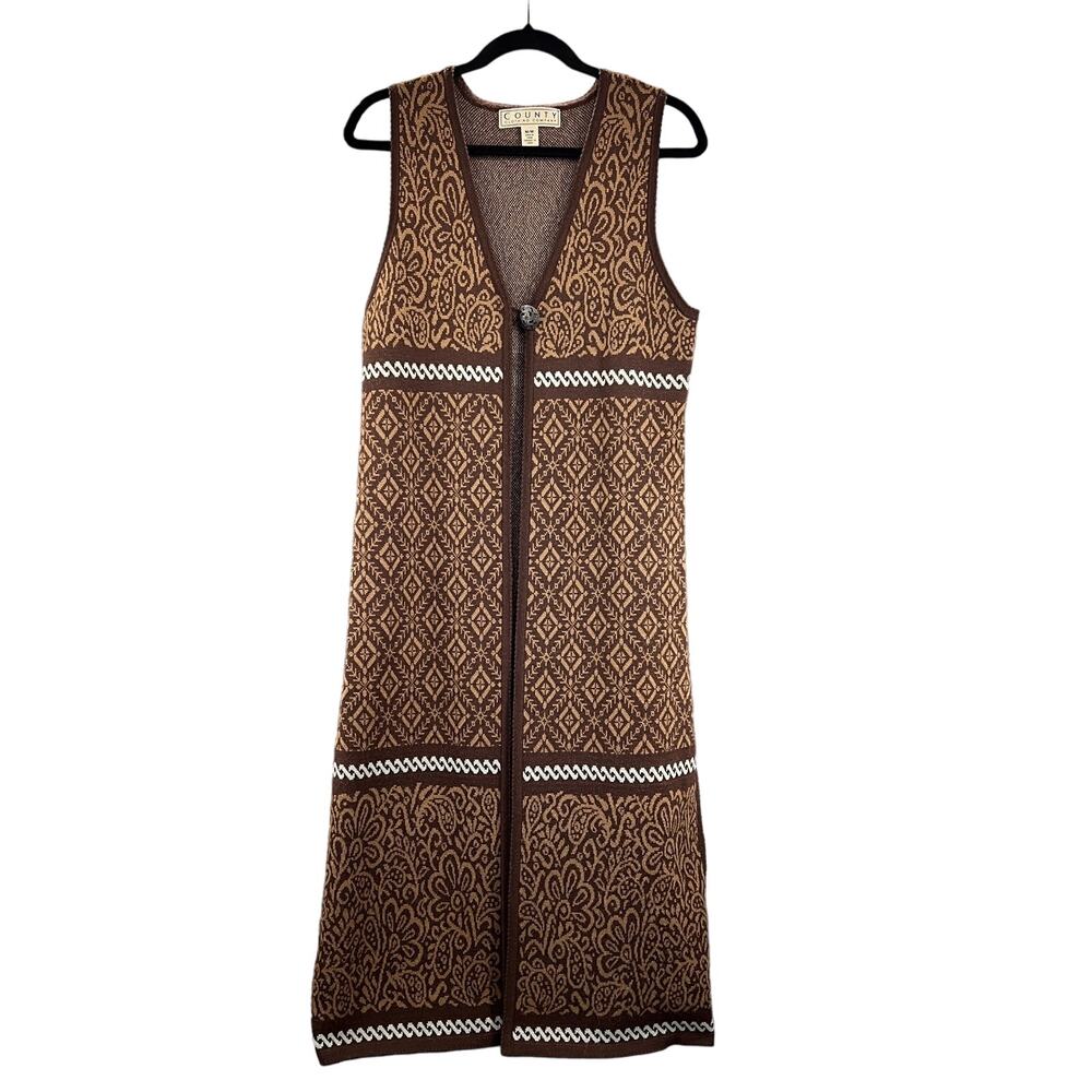 VTG‎ County Clothing Co. Brown Long Wool Blend Knit Cardigan Open Front Vest M